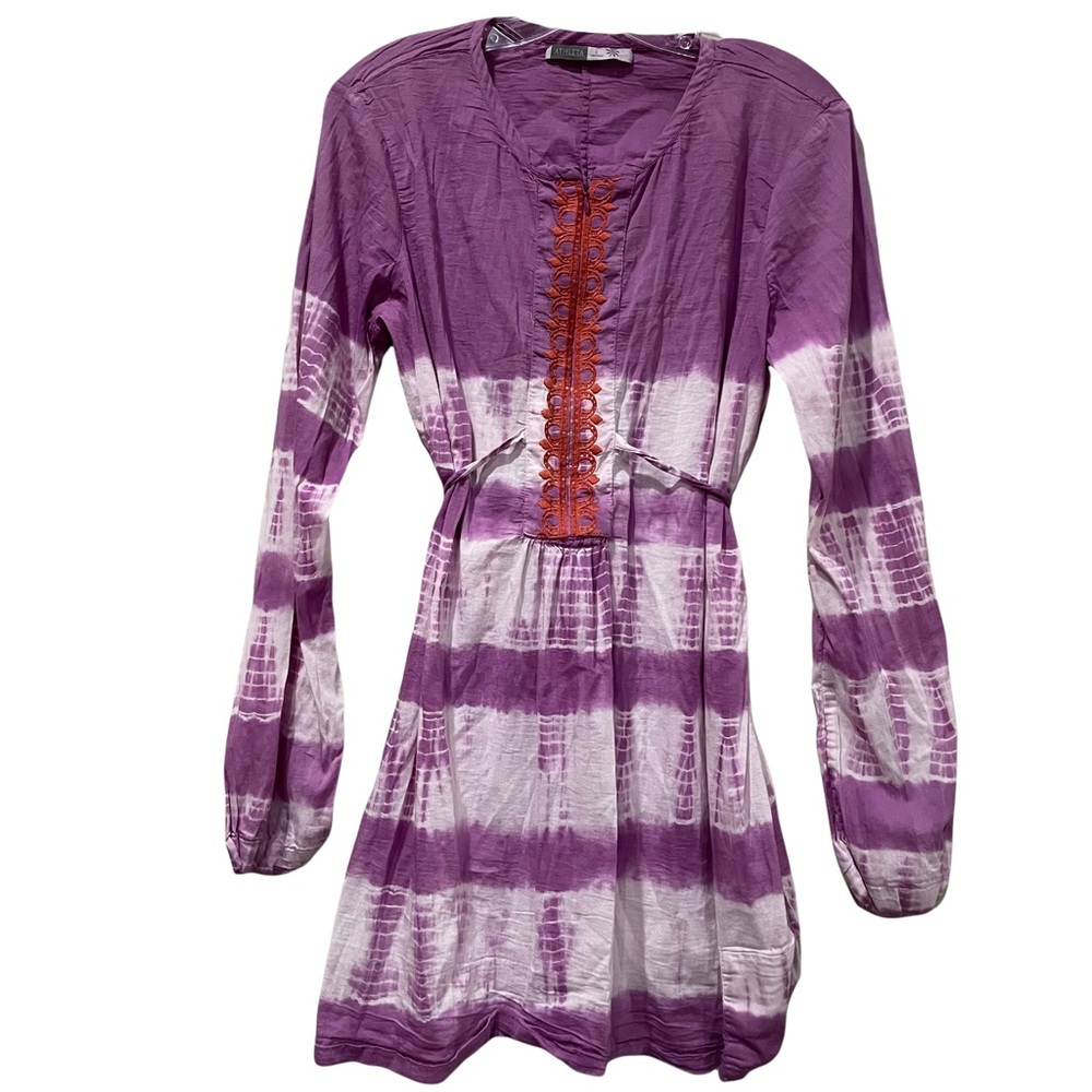 Athleta Large Purple White Tie Dye Long Sleeve Tunic Dress Top Boho Hippie 172